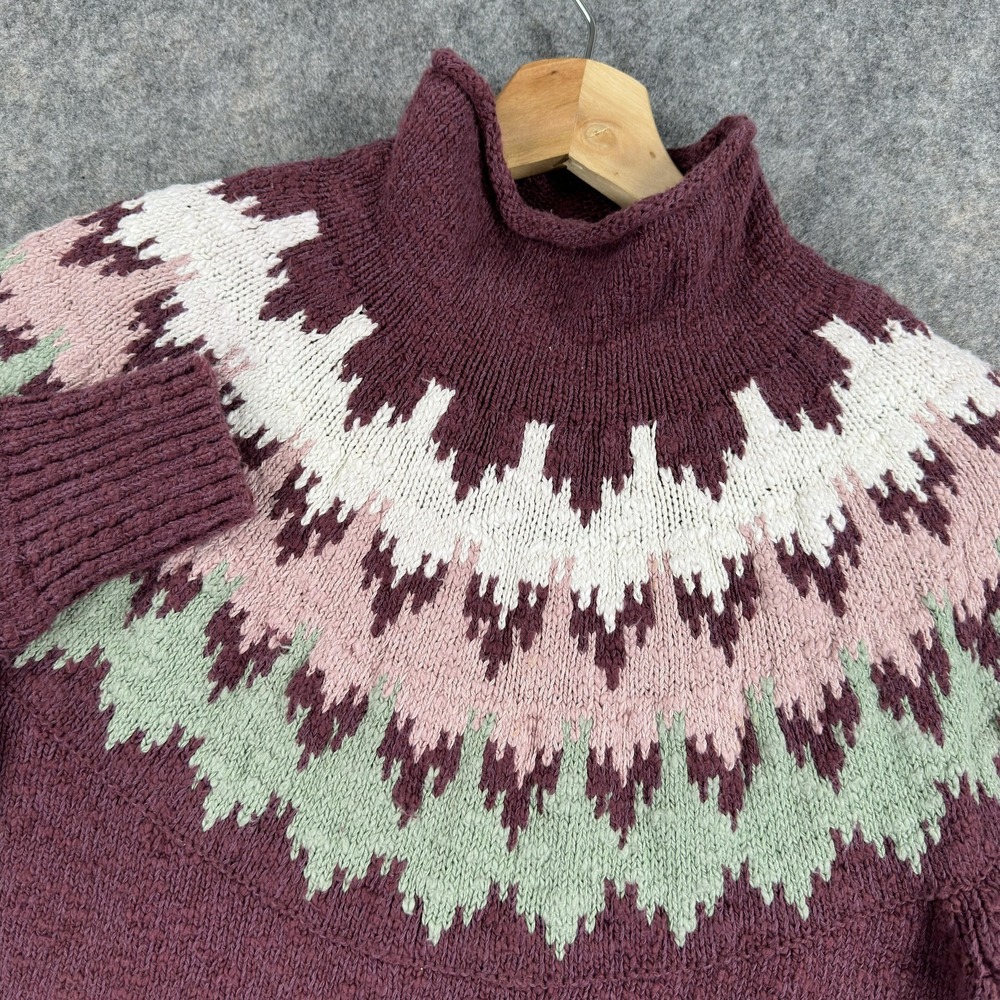 L.L.Bean Sweater Womens Medium Purple Cotton Fair Isle Turtleneck Roll Neck